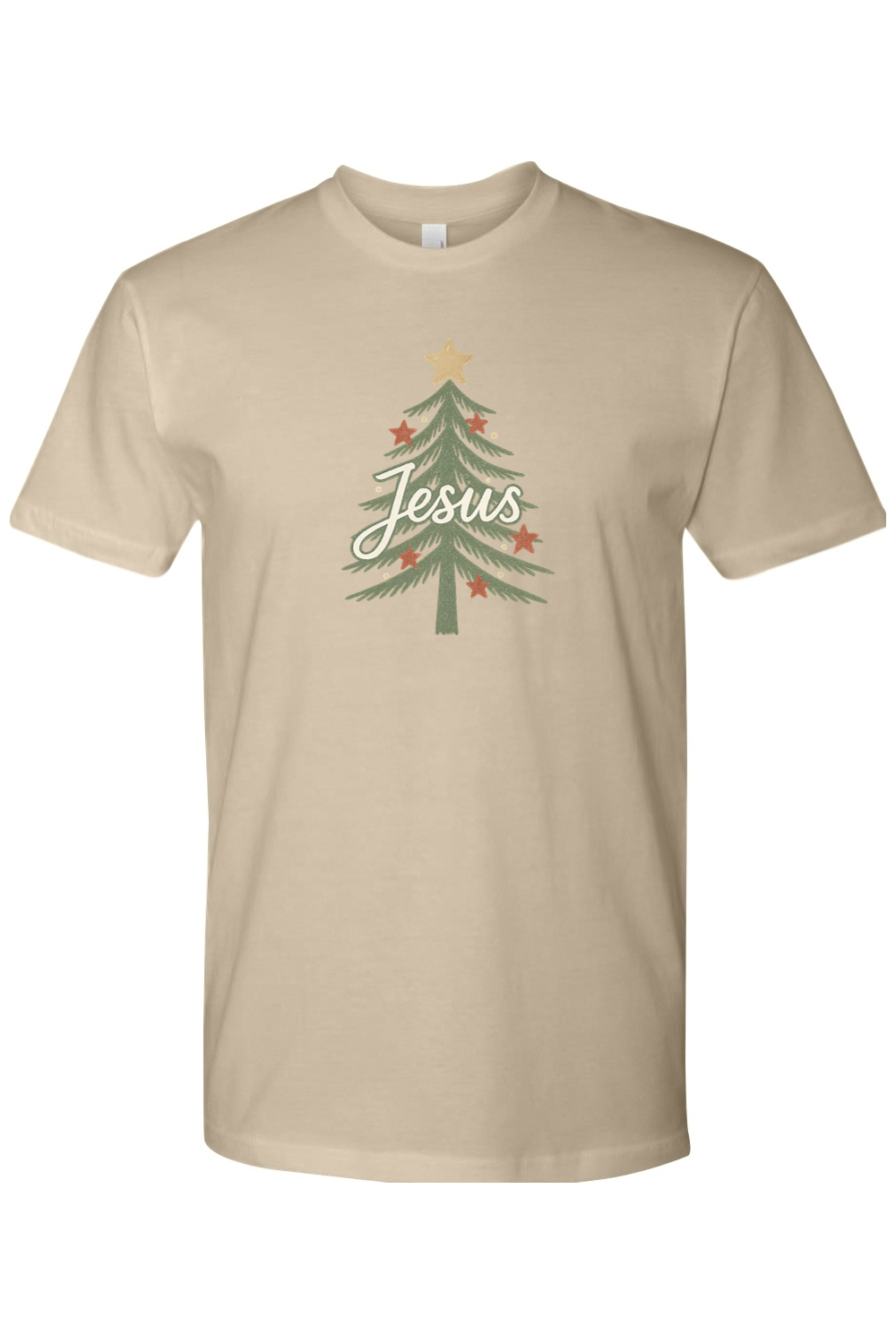 Dark beige Christmas t-shirt with "Jesus" text in a Christmas tree design cute trendy religious Christian God holiday short sleeve shirt