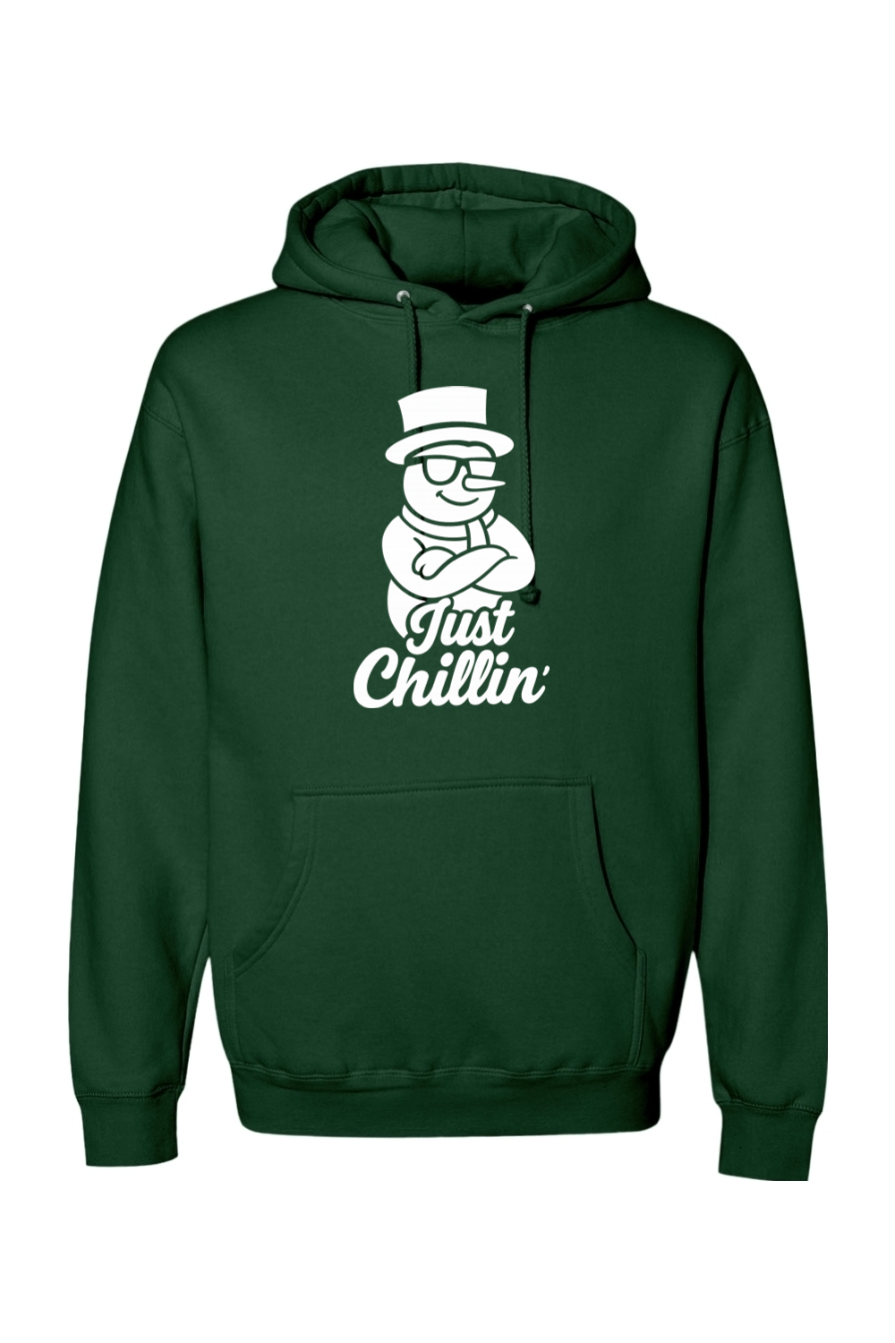 Dark green Christmas hoodie with "Just Chillin'" text in white with a snowman wearing sunglasses and arms crossed design funny holiday humor long sleeve hooded sweatshirt