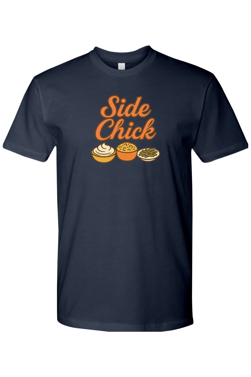 Navy Blue Thanksgiving t-shirt with "Side Chick" text and mashed potatoes, stuffing, and green beans design funny sarcastic girly fall holiday short sleeve shirt