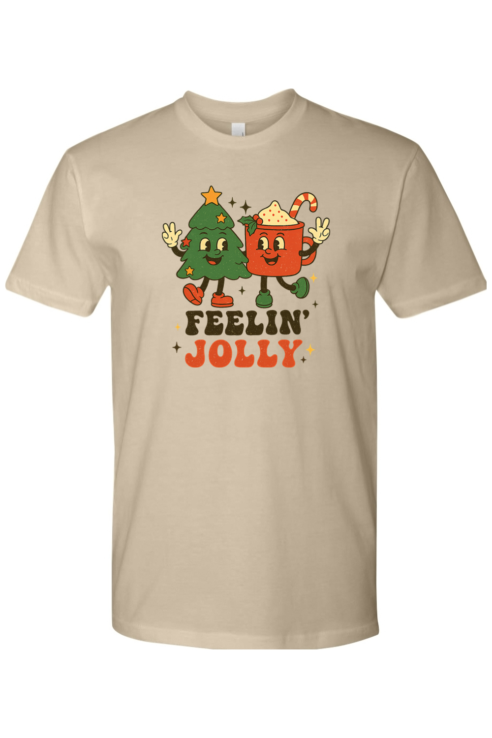Dark beige Feeling Jolly text with retro Christmas Tree and Hot Cocoa design t-shirt cute trendy holiday short sleeve shirt