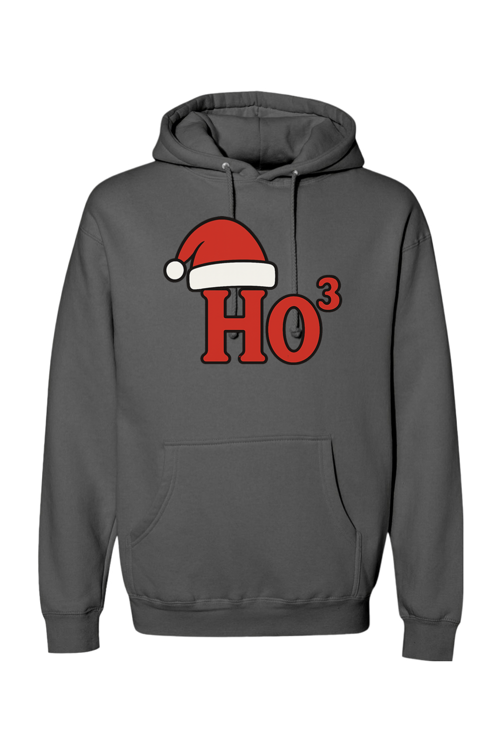 Dark gray Christmas hoodie with "Ho³" text in red with a Santa hat design funny holiday humor long sleeve hooded sweatshirt