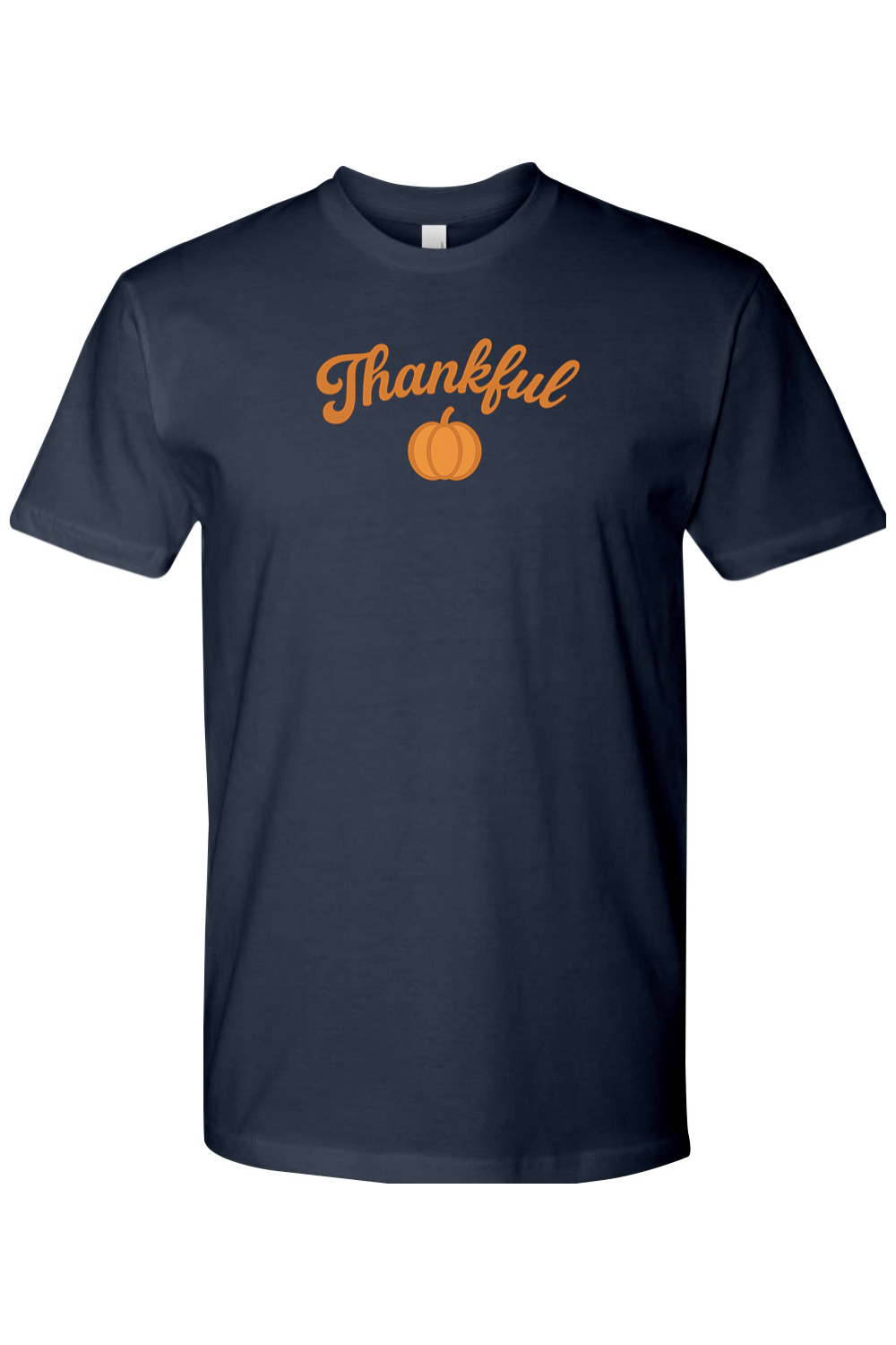 Navy Blue Thanksgiving t-shirt with "Thankful" text and a pumpkin design simple cute trendy fall holiday short sleeve shirt