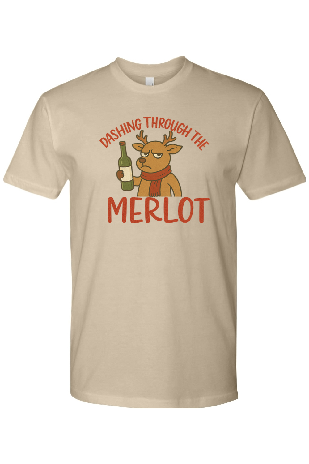 Dark beige Christmas t-shirt with "Dashing Through the Merlot" text with a grouchy reindeer holding a bottle of wine design funny sarcastic holiday humor short sleeve shirt