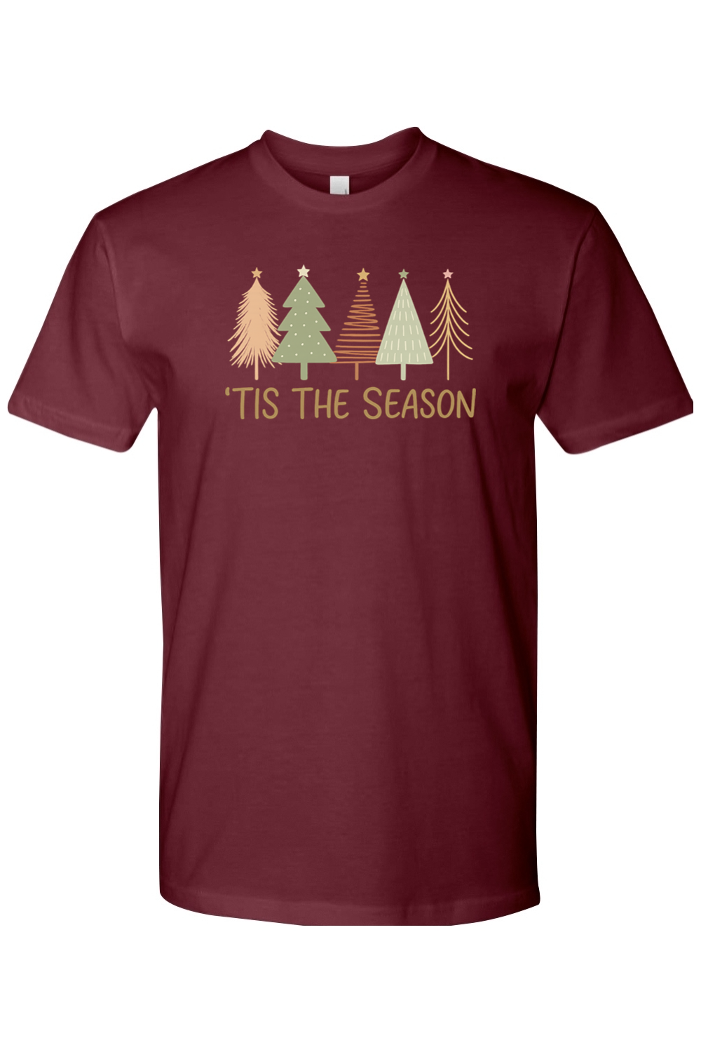 Burgundy Christmas t-shirt with "'Tis the Season" text and pastel colored Christmas trees design cute trendy festive holiday short sleeve shirt