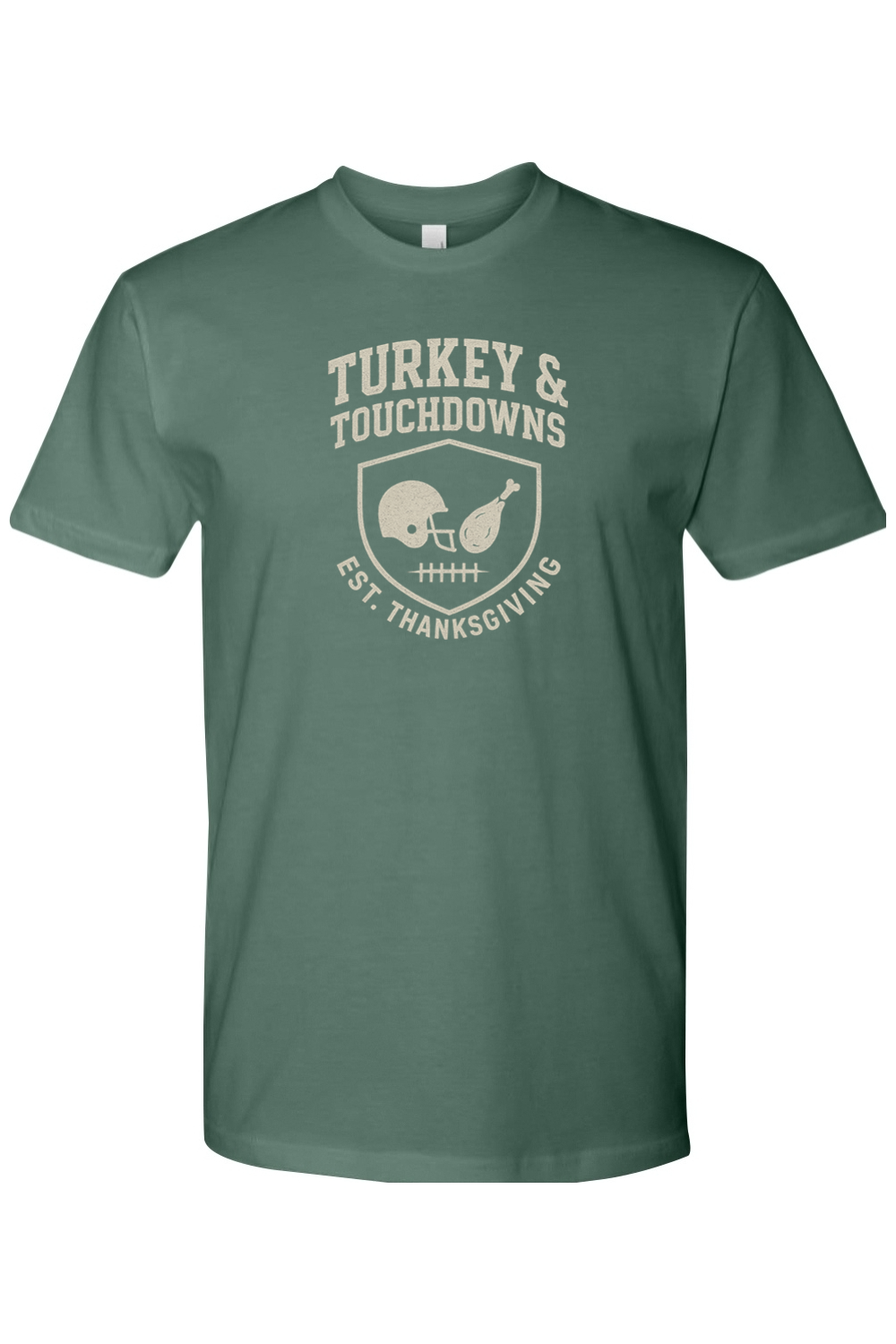 Pine green Thanksgiving T-shirt with "Turkey & Touchdowns EST. Thanksgiving" text with a football helmet and turkey leg shield design cool fall holiday short sleeve shirt