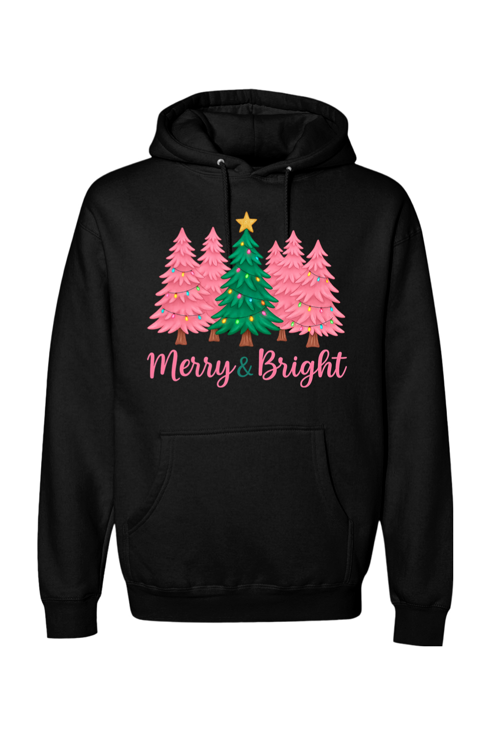 Black Christmas hoodie with pink and green Christmas trees design with text "Merry & Bright" cute trendy festive holiday long sleeve hooded sweatshirt