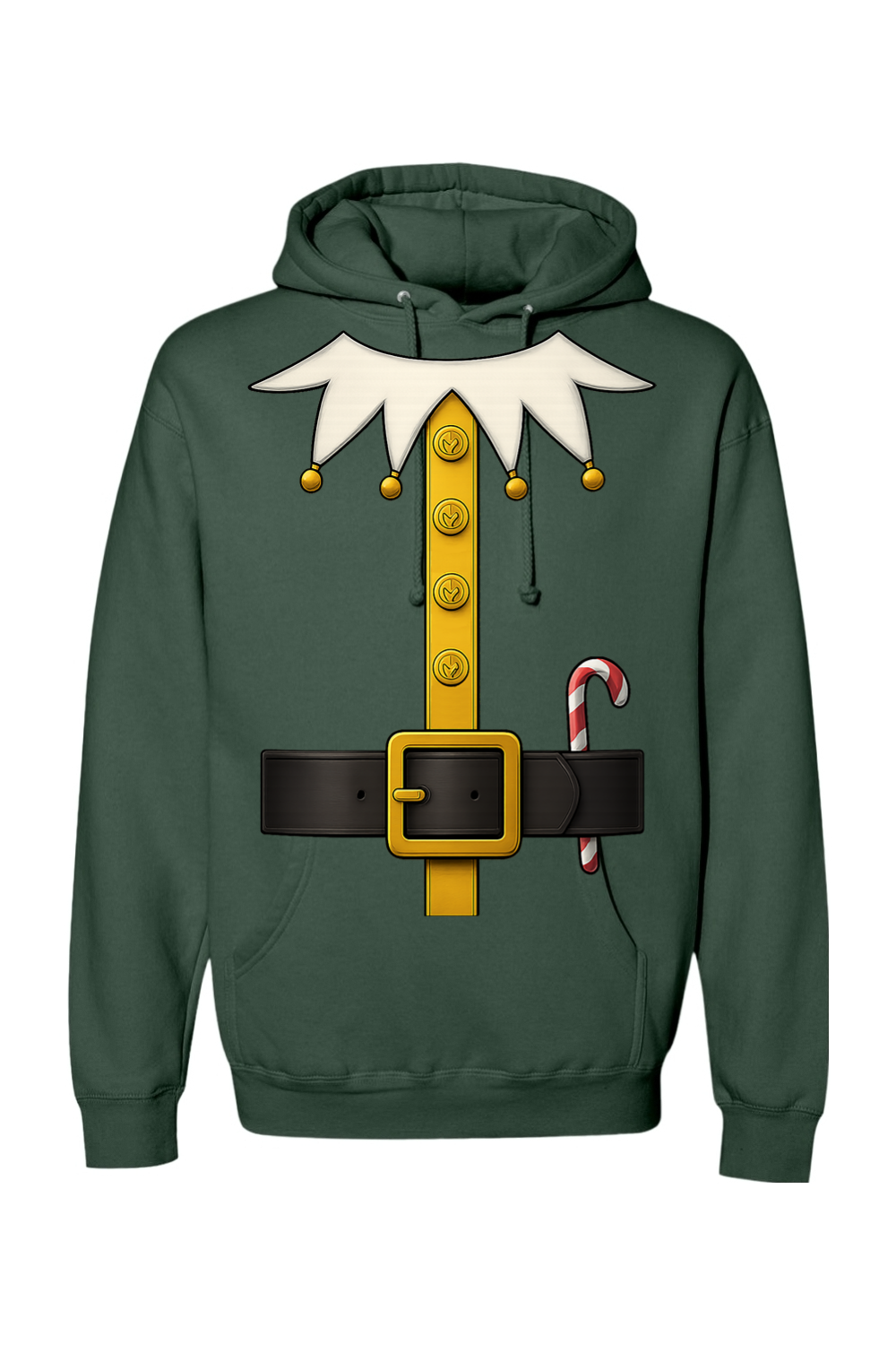 Pine green Christmas hoodie with an elf costume design funny festive holiday long sleeve hooded sweatshirt