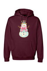 Maroon Christmas hoodie with a watercolor snowman in a pink bow and top hat design cute girly festive holiday long sleeve hooded sweatshirt