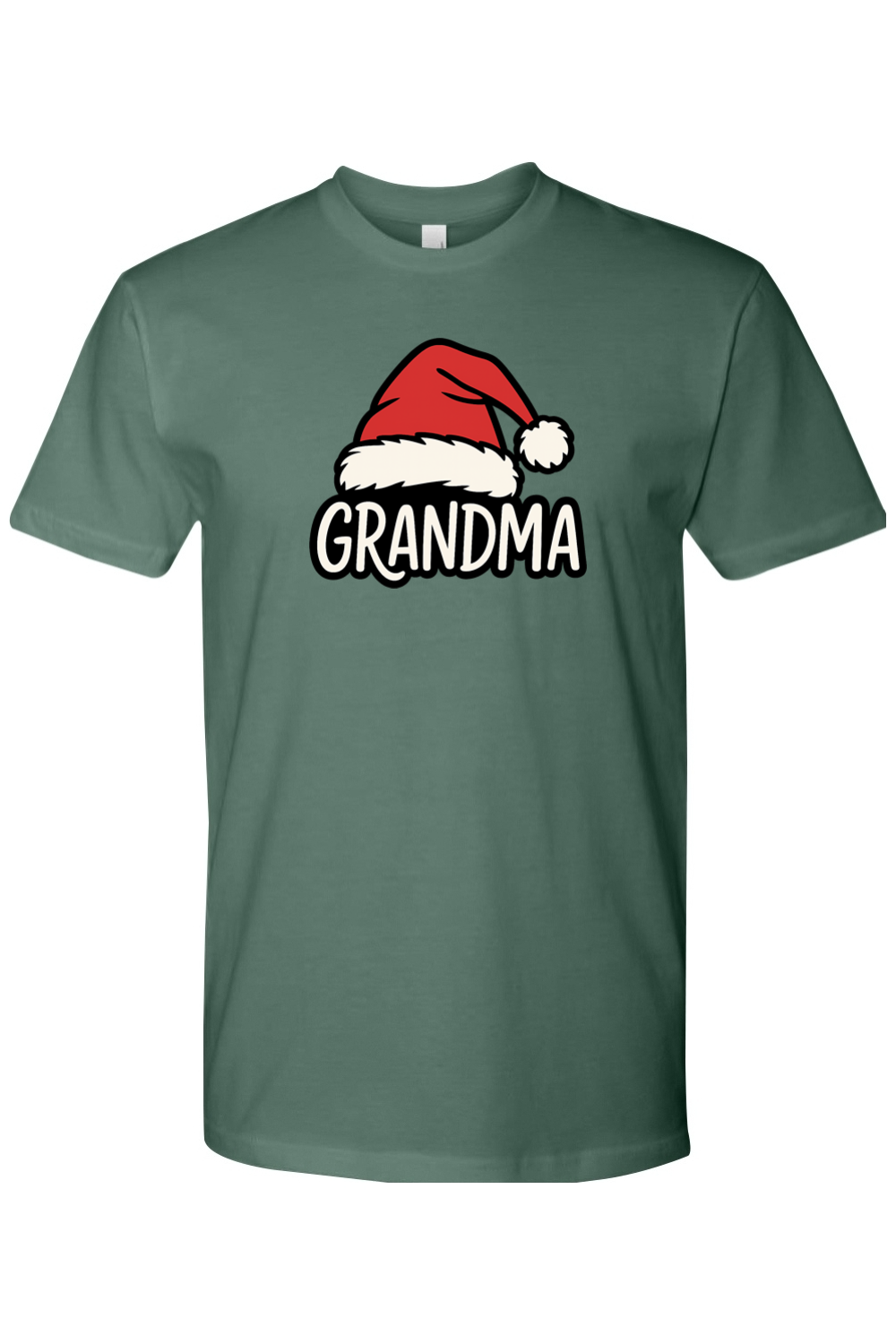 Pine green Christmas t-shirt with "Grandma" text and a Santa hat design cute grandparent matching holiday festive short sleeve shirt