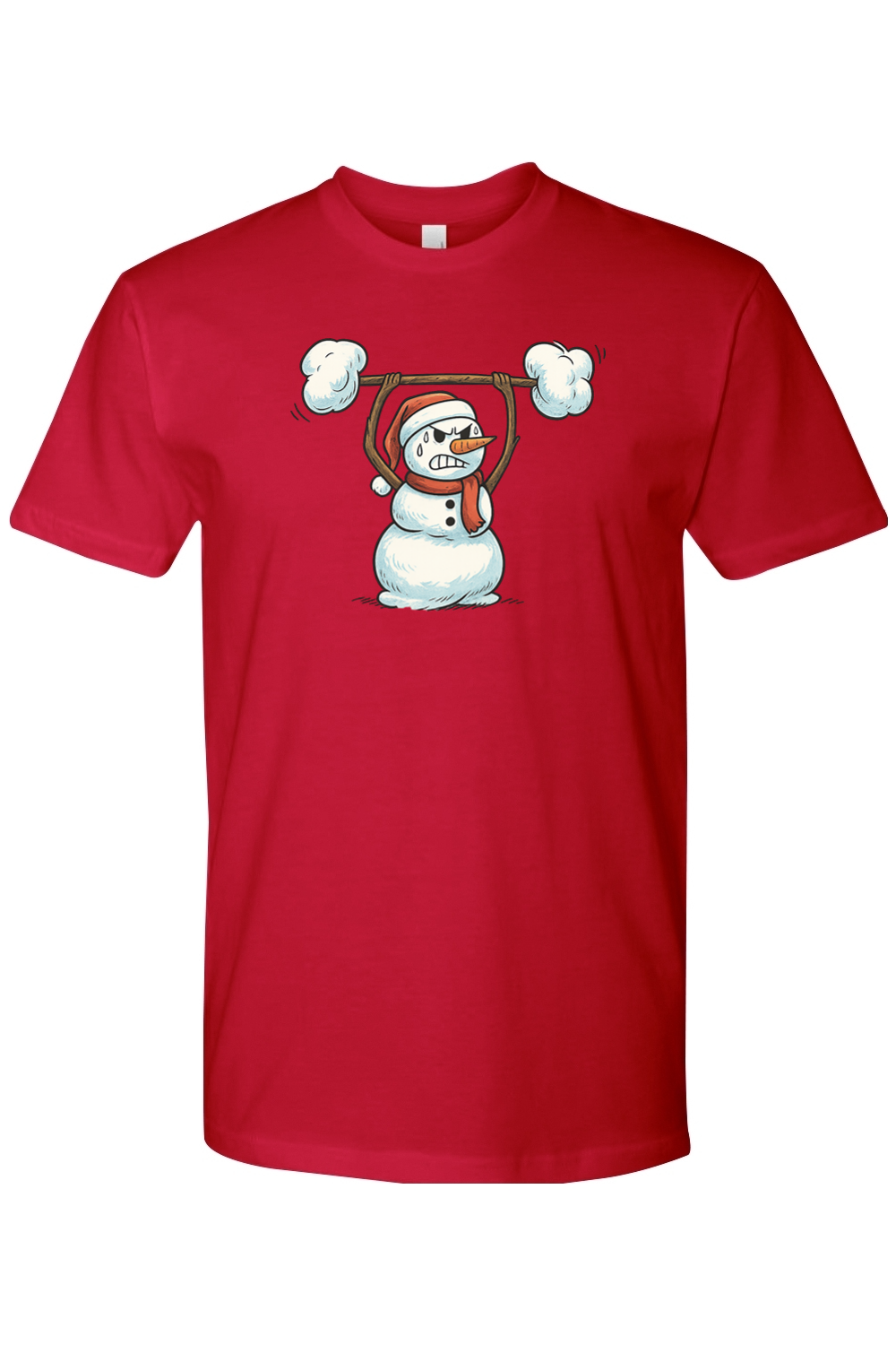 Red Christmas t-shirt with a snowman lifting a snow barbell design funny gym humor festive holiday short sleeve shirt