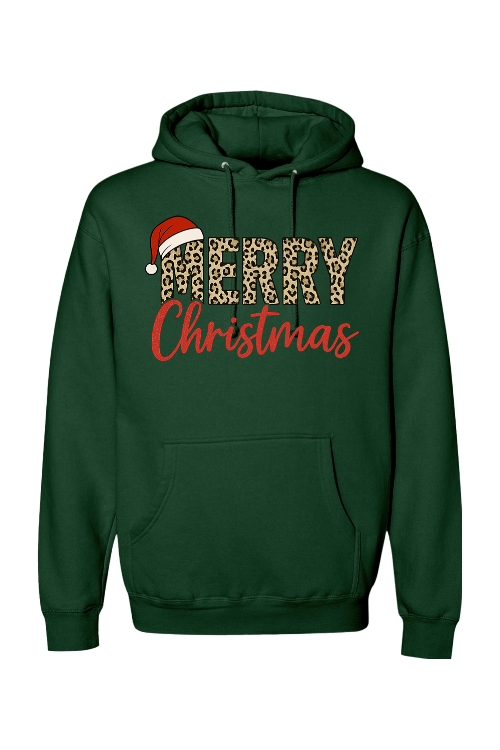 Dark green Christmas hoodie with "Merry Christmas" text in leopard print and red with a Santa hat design cute trendy festive holiday long sleeve hooded sweatshirt