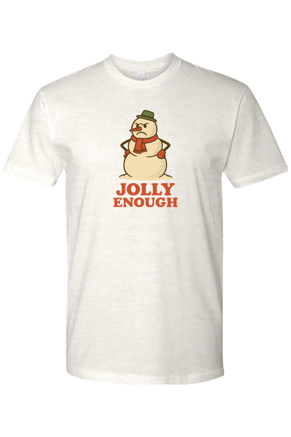 Light cream vintage Christmas t-shirt with "Jolly Enough" text with a grumpy snowman design funny sarcastic holiday humor short sleeve shirt