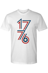 White t-shirt with '1776' design on a white background