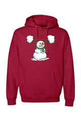 Red Christmas hoodie with a snowman lifting a snow barbell design funny gym humor winter holiday long sleeve hooded sweatshirt