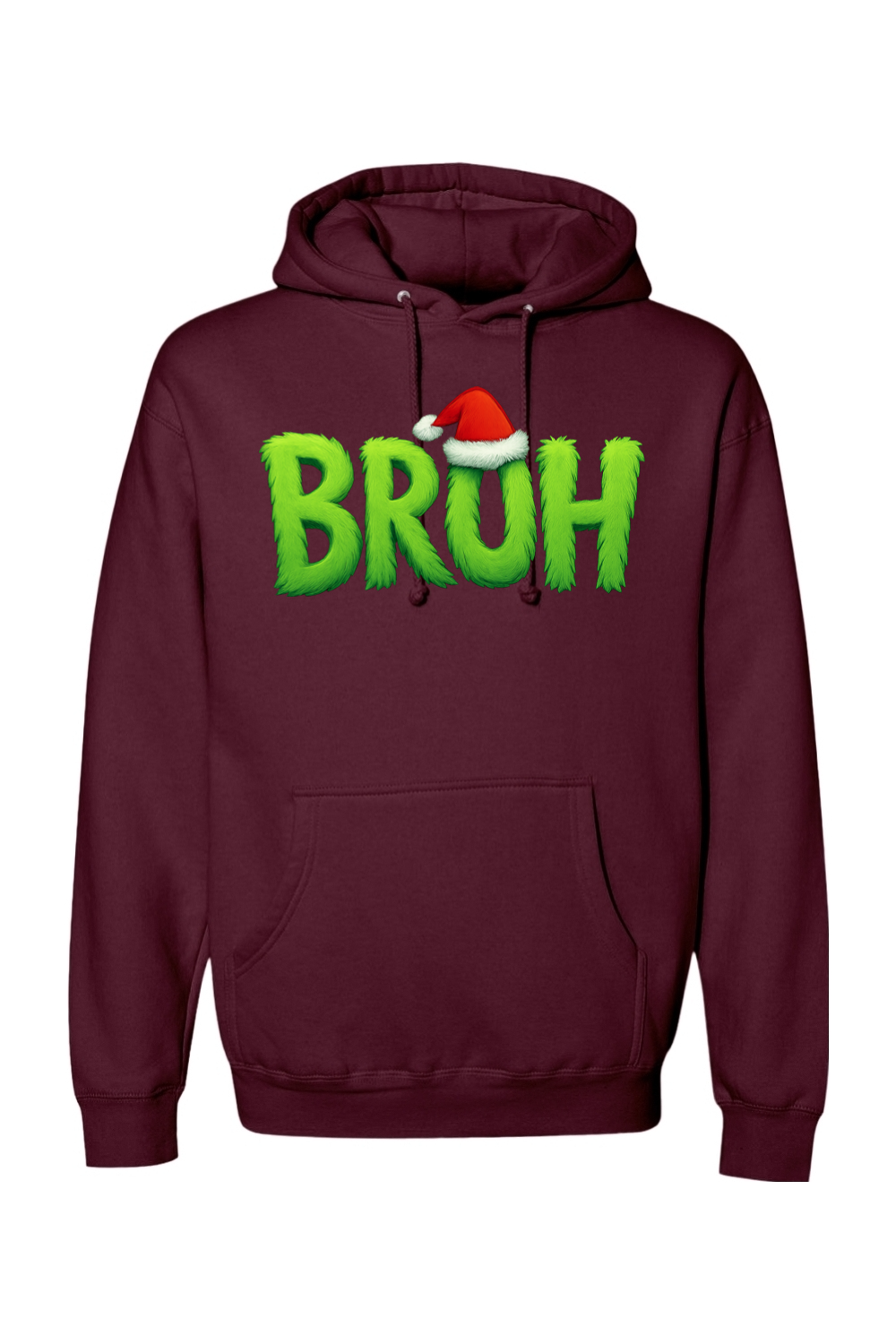 Maroon Christmas hoodie with "BRUH" text with a Santa hat design funny holiday humor long sleeve hooded sweatshirt