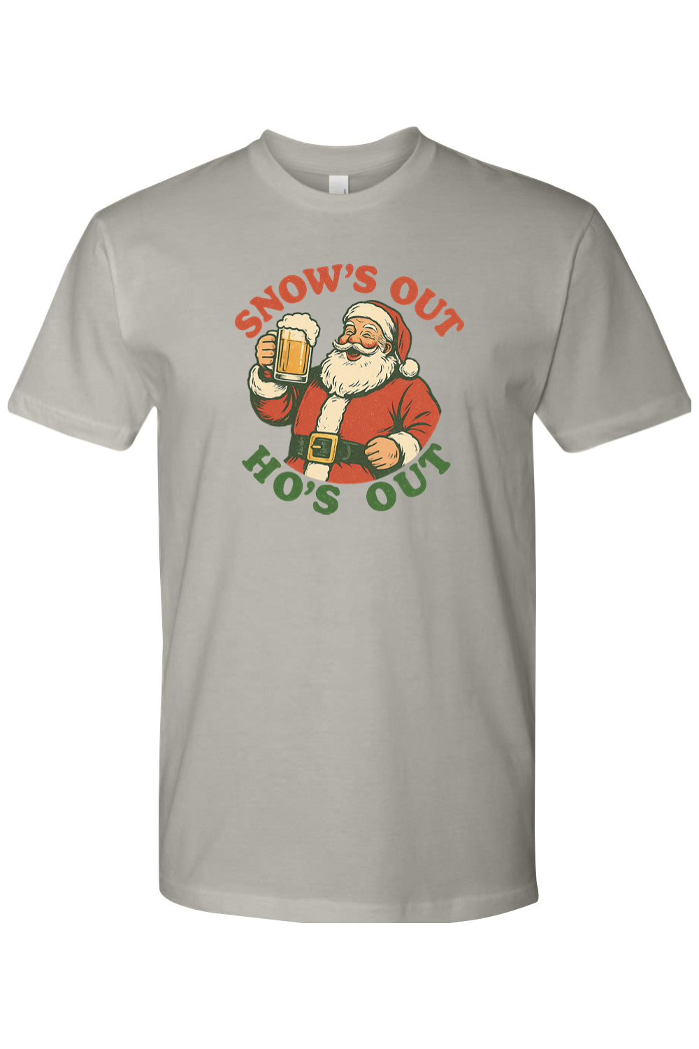 Gray Christmas t-shirt with "Snow's Out Ho's Out" text with Santa holding a beer mug design funny holiday humor short sleeve shirt