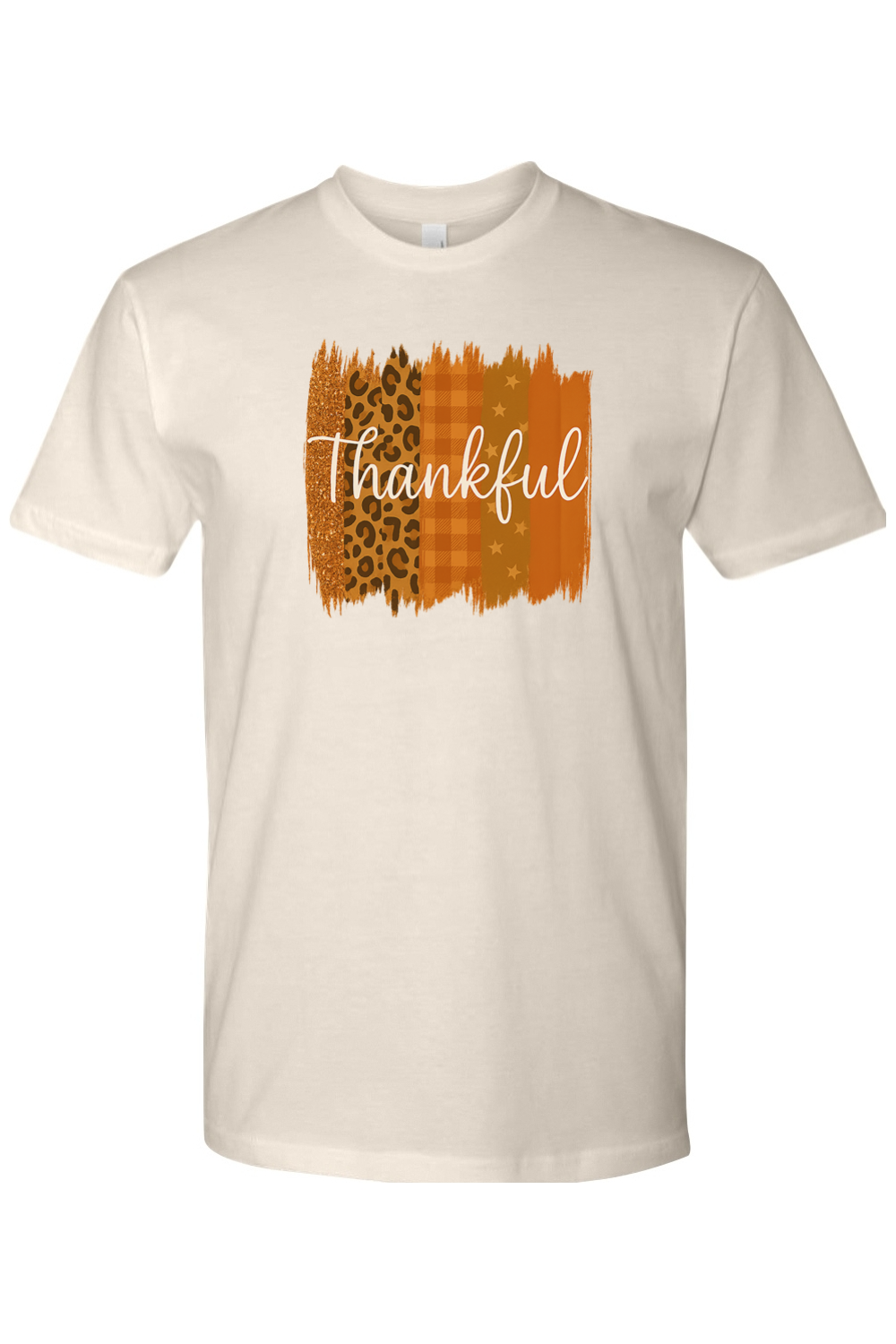 Cream beige Thanksgiving t-shirt with "Thankful" text and patchwork leopard print, plaid, stars design trendy cute girly fall holiday short sleeve shirt