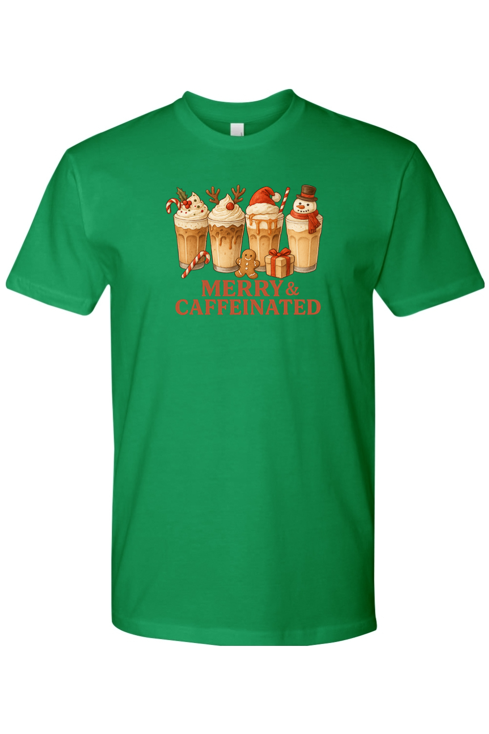 Green t-shirt with Christmas coffee design and Merry & Caffeinated text cute holiday iced coffee short sleeve shirt