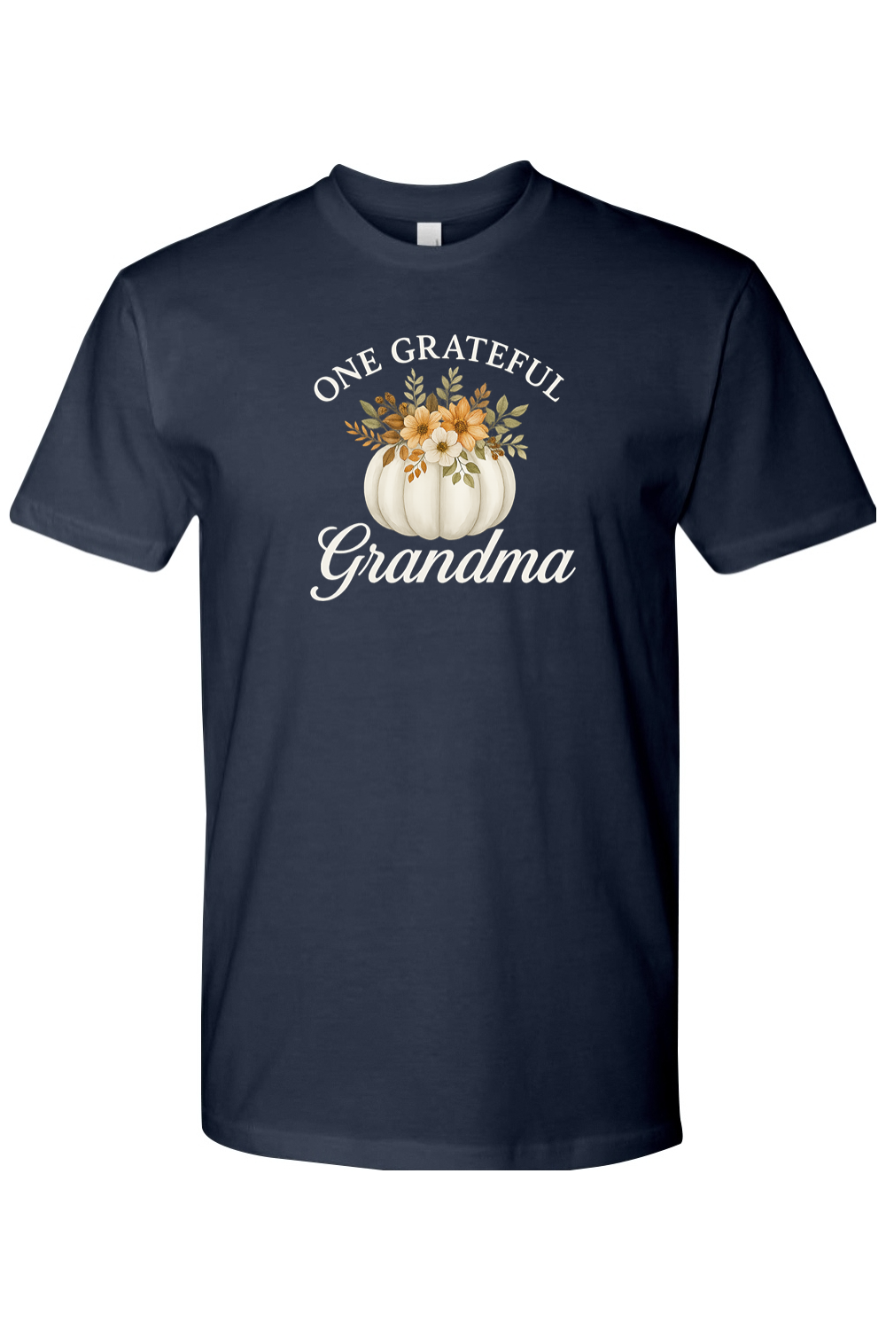Navy blue Thanksgiving t-shirt with "One Grateful Grandma" text and a pumpkin with flowers design cute grandparent fall holiday short sleeve shirt