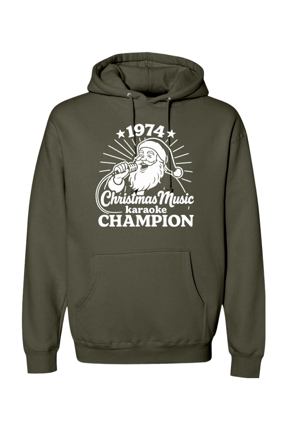 Olive green Christmas hoodie with "1974 Christmas Music Karaoke Champion" text in white with Santa singing design funny holiday humor long sleeve hooded sweatshirt