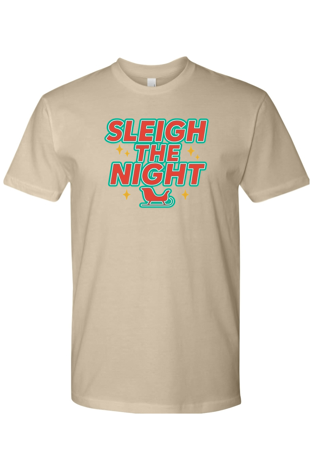 Dark beige vintage Christmas t-shirt with "Sleigh the Night" text with stars and sleigh design retro trendy holiday short sleeve shirt