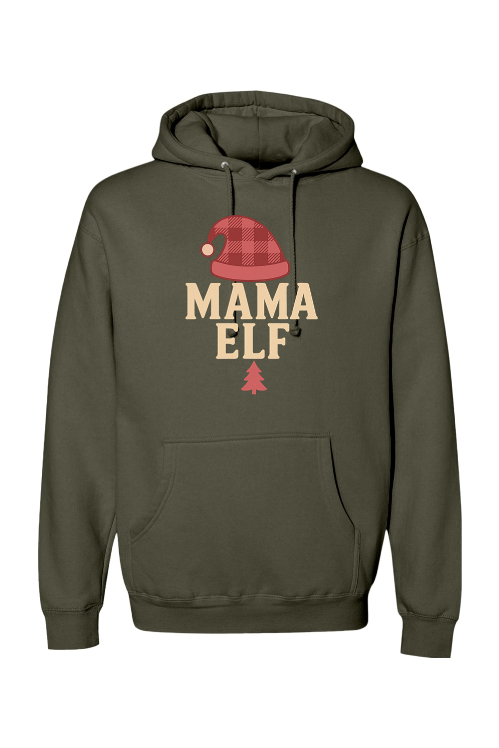 Olive green Christmas hoodie with "Mama Elf" text with an elf hat and pine tree design cute trendy women's long sleeve hooded sweatshirt