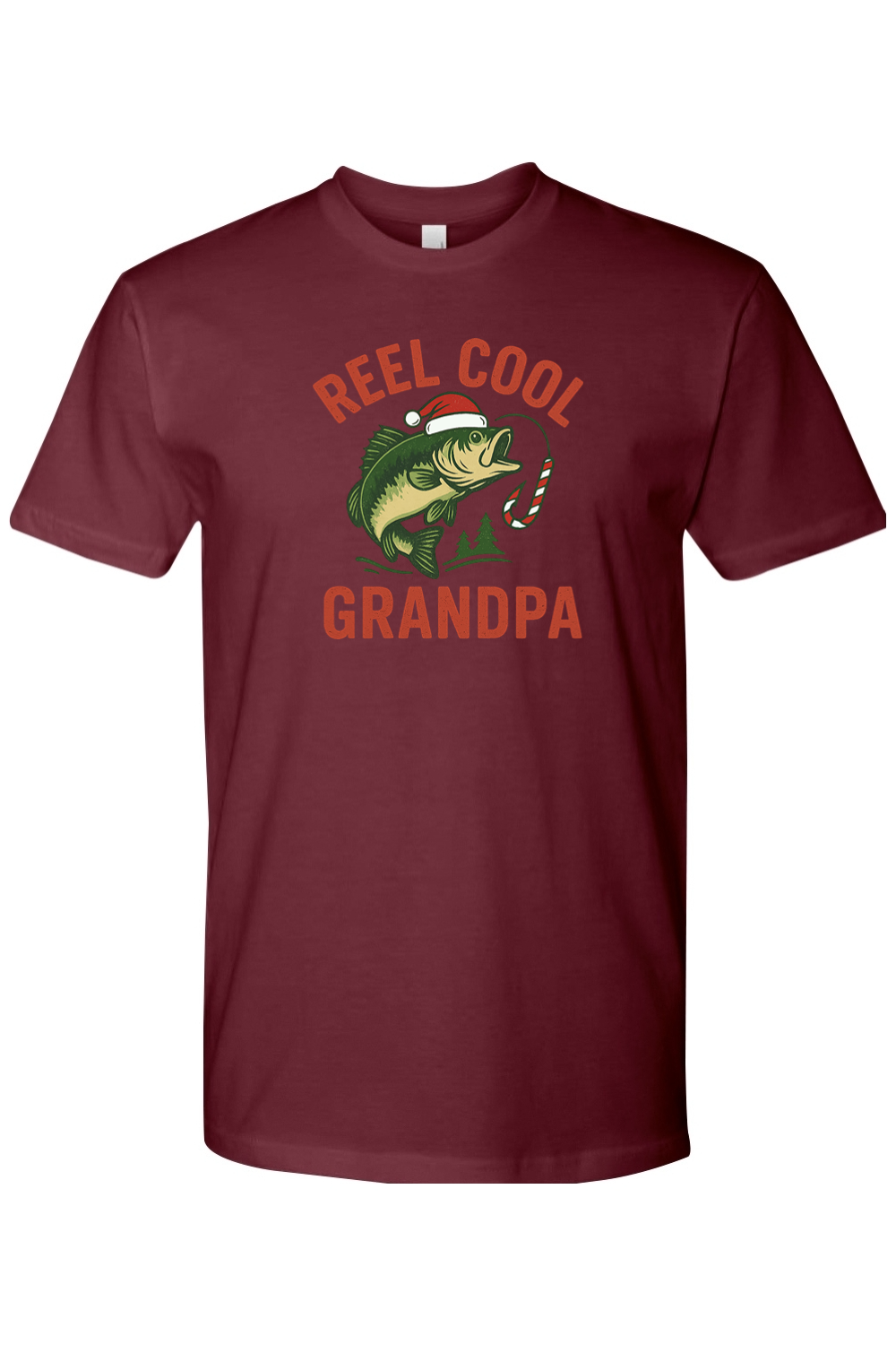 Maroon Christmas t-shirt with "Reel Cool Grandpa" text in red with a fish in a Santa hat design and candy cane hook design festive fishing grandparent grandfather holiday short sleeve shirt