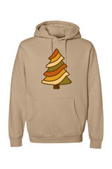 Dark beige vintage Christmas hoodie with a retro wavy Christmas tree design cute trendy holiday long sleeve hooded sweatshirt
