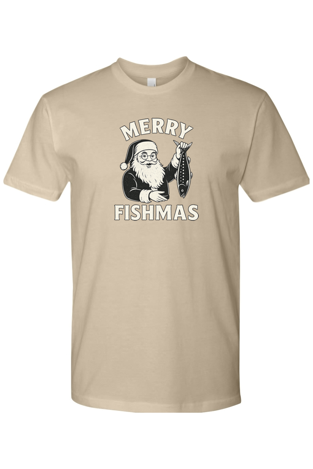 Beige Christmas t-shirt with "Merry Fishmas" text with Santa holding a fish design funny fishing holiday festive short sleeve shirt