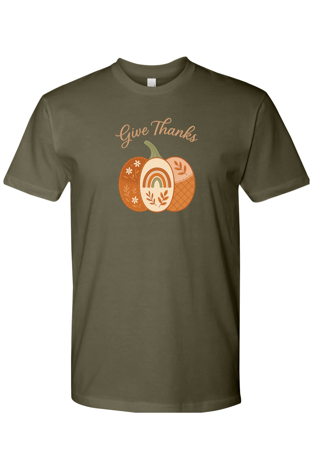 Dark olive green Thanksgiving t-shirt with "Give Thanks" text and a patchwork floral leaves rainbow pumpkin design cute vintage trendy fall holiday short sleeve shirt