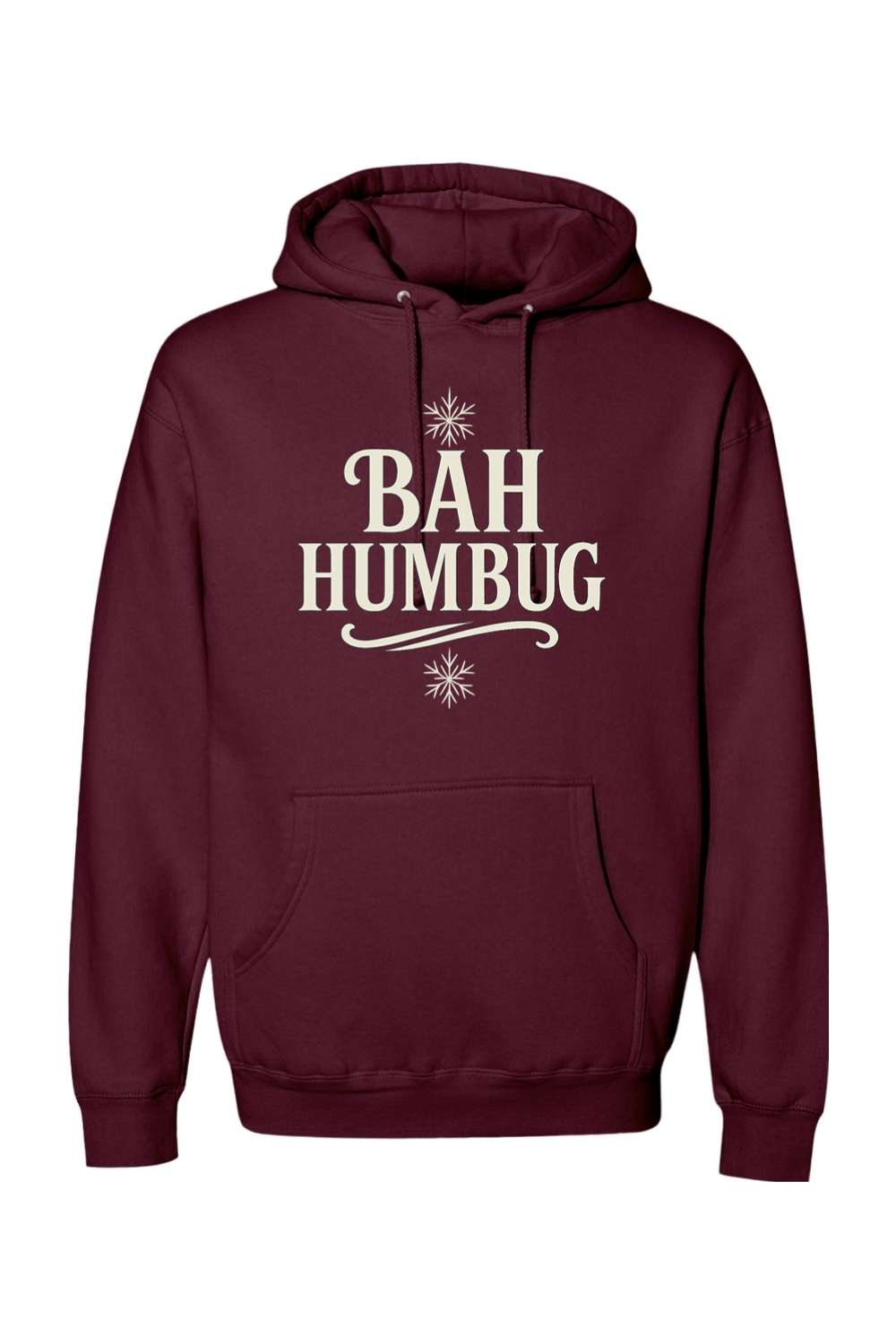 Maroon Christmas hoodie with "BAH HUMBUG" text and a snowflake design funny sarcastic holiday humor long sleeve hooded sweatshirt