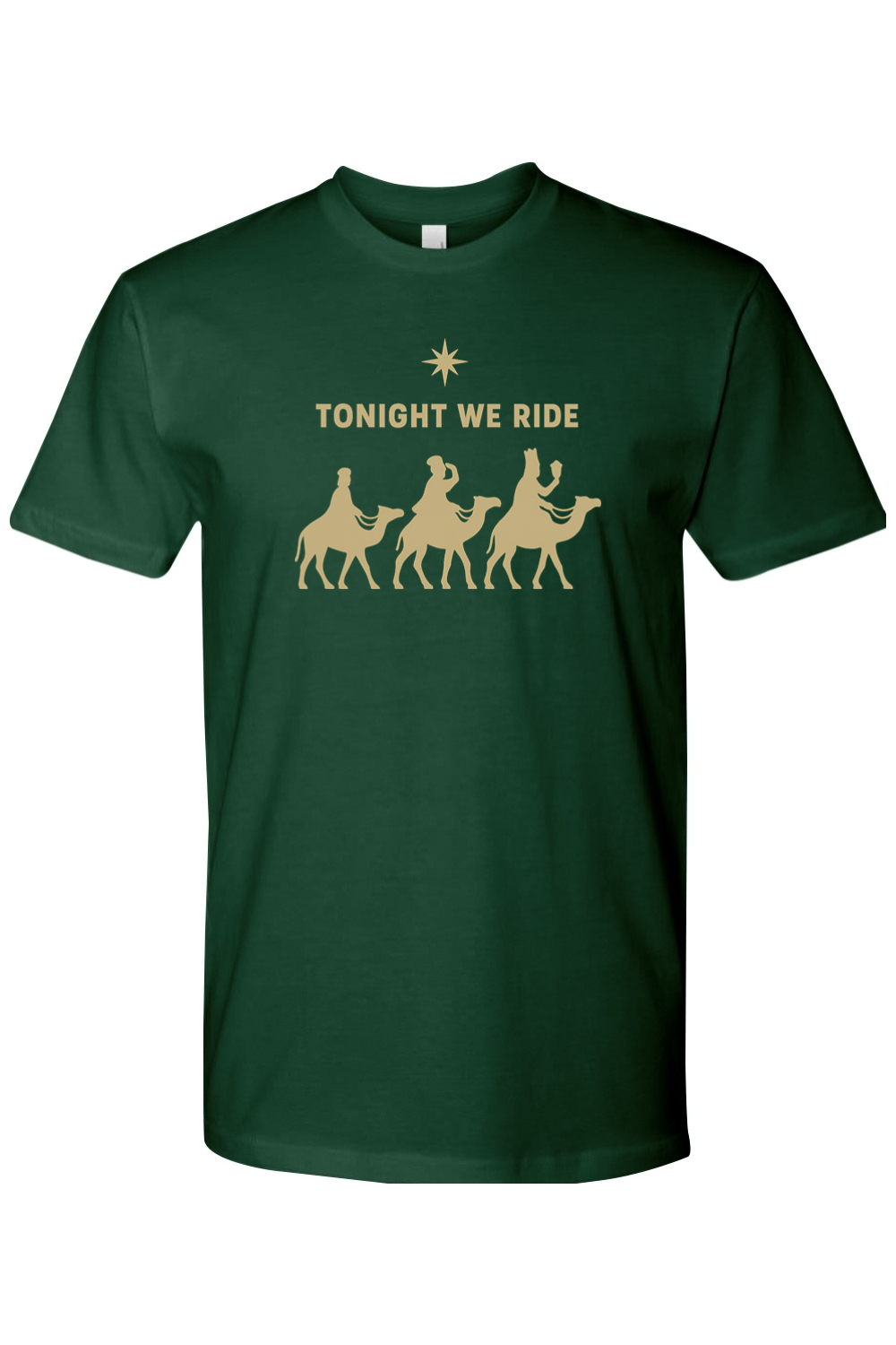 Dark green religious Christmas t-shirt with "Tonight We Ride" text and three wise men riding camels and a star design Jesus God Christian holiday short sleeve shirt