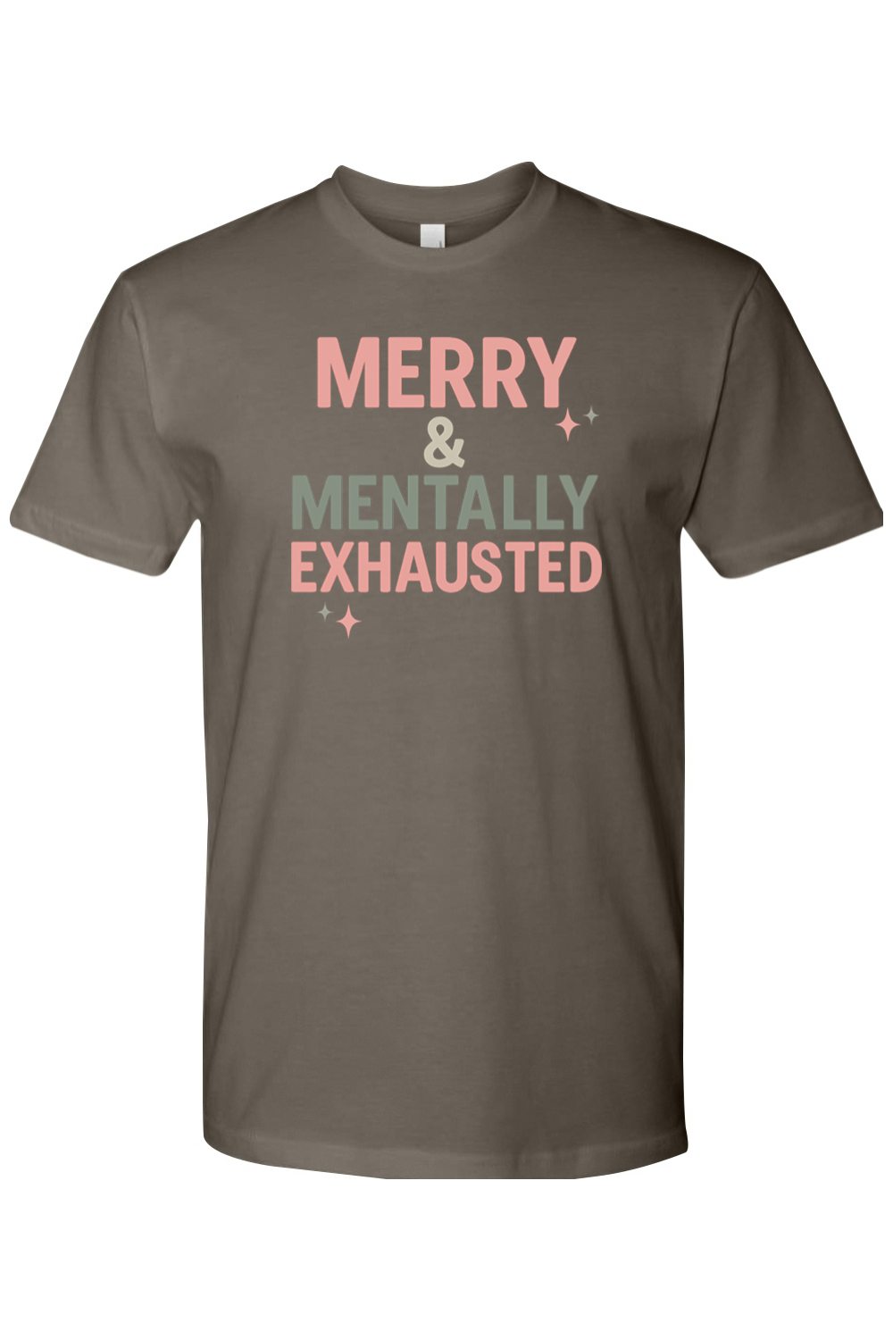 Gray Christmas t-shirt with "Merry & Mentally Exhausted" text with stars design funny sarcastic holiday humor short sleeve shirt