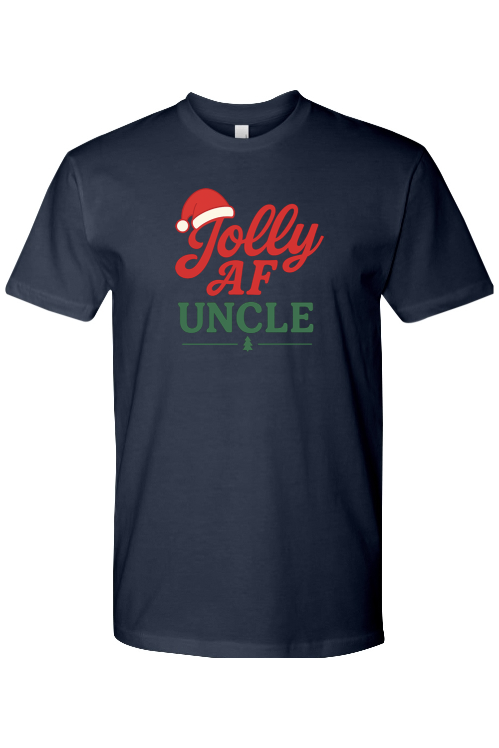 Navy blue Christmas t-shirt with "Jolly AF Uncle" text with a Santa hat and Christmas tree design funny holiday humor short sleeve shirt