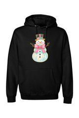 Black Christmas hoodie with a watercolor snowman in a pink bow and top hat design cute girly festive holiday long sleeve hooded sweatshirt