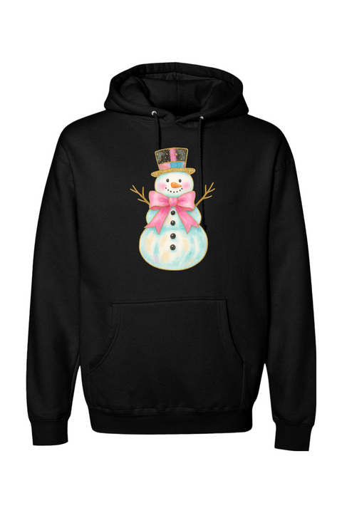 Black Christmas hoodie with a watercolor snowman in a pink bow and top hat design cute girly festive holiday long sleeve hooded sweatshirt