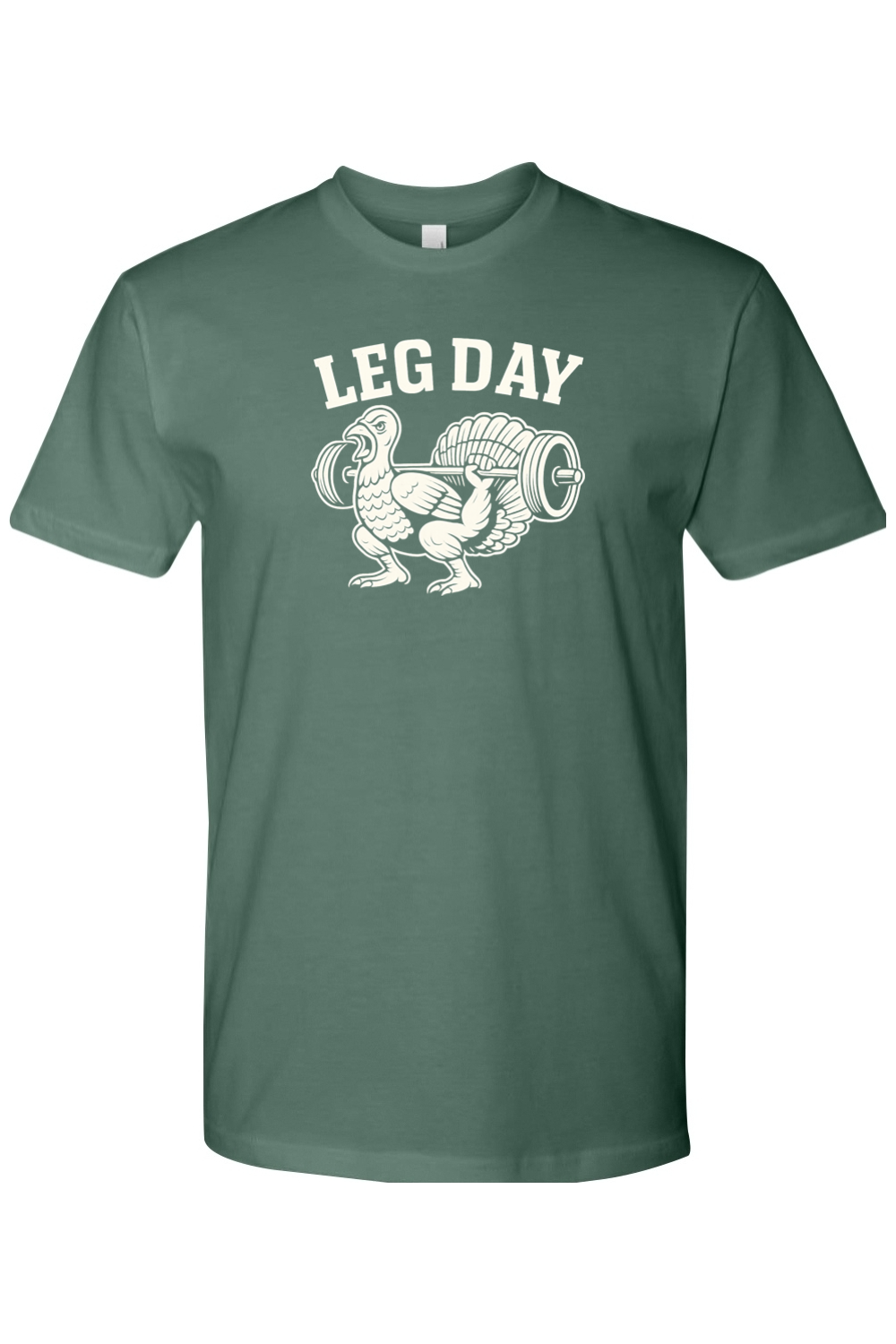 Pine green Thanksgiving t-shirt with "Leg Day" text and a turkey doing a squat with a barbell design lifting weights funny gym humor fall short sleeve shirt