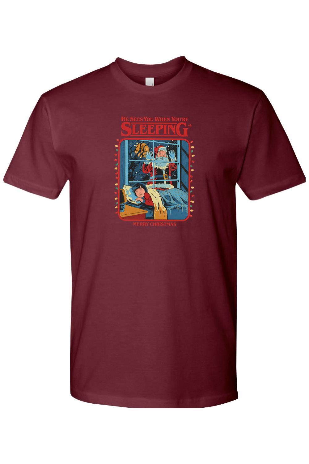 Maroon Christmas t-shirt with "He Sees You When You're Sleeping Merry Christmas" text in red with Santa looking through a kid's window design funny humor holiday short sleeve shirt