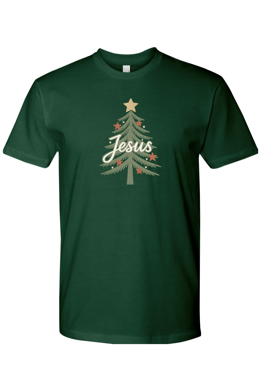 Dark green Christmas t-shirt with "Jesus" text in a Christmas tree design cute trendy religious Christian God holiday short sleeve shirt