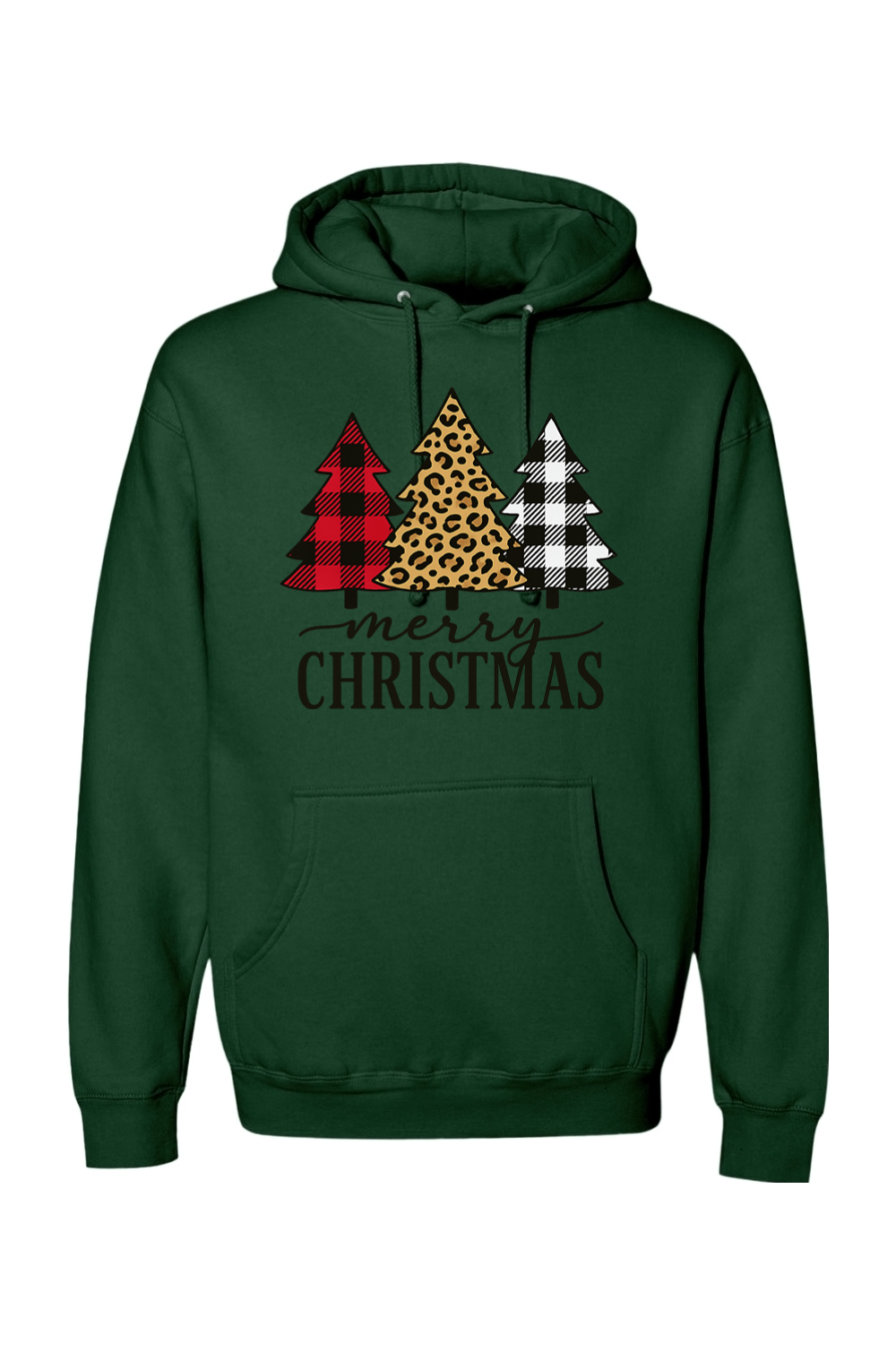 Dark green Christmas hoodie with "Merry Christmas" text and a buffalo plaid, leopard print, and black and white plaid Christmas trees cute trendy festive holiday long sleeve hooded sweatshirt