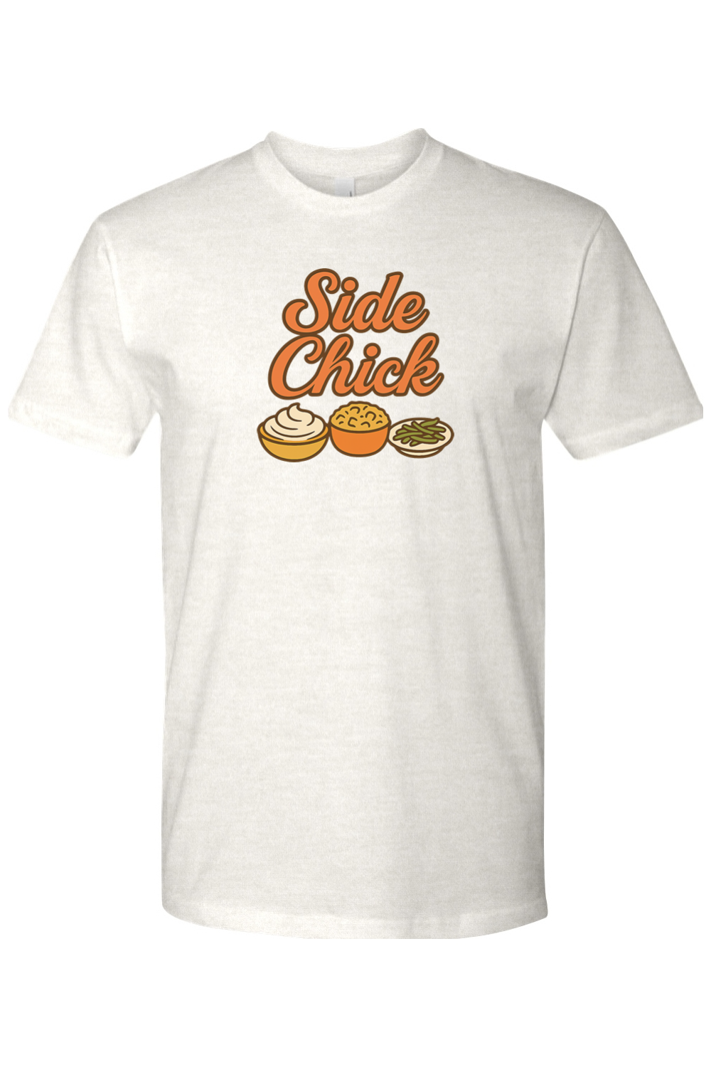 Light cream Thanksgiving t-shirt with "Side Chick" text and mashed potatoes, stuffing, and green beans design funny sarcastic girly fall holiday short sleeve shirt