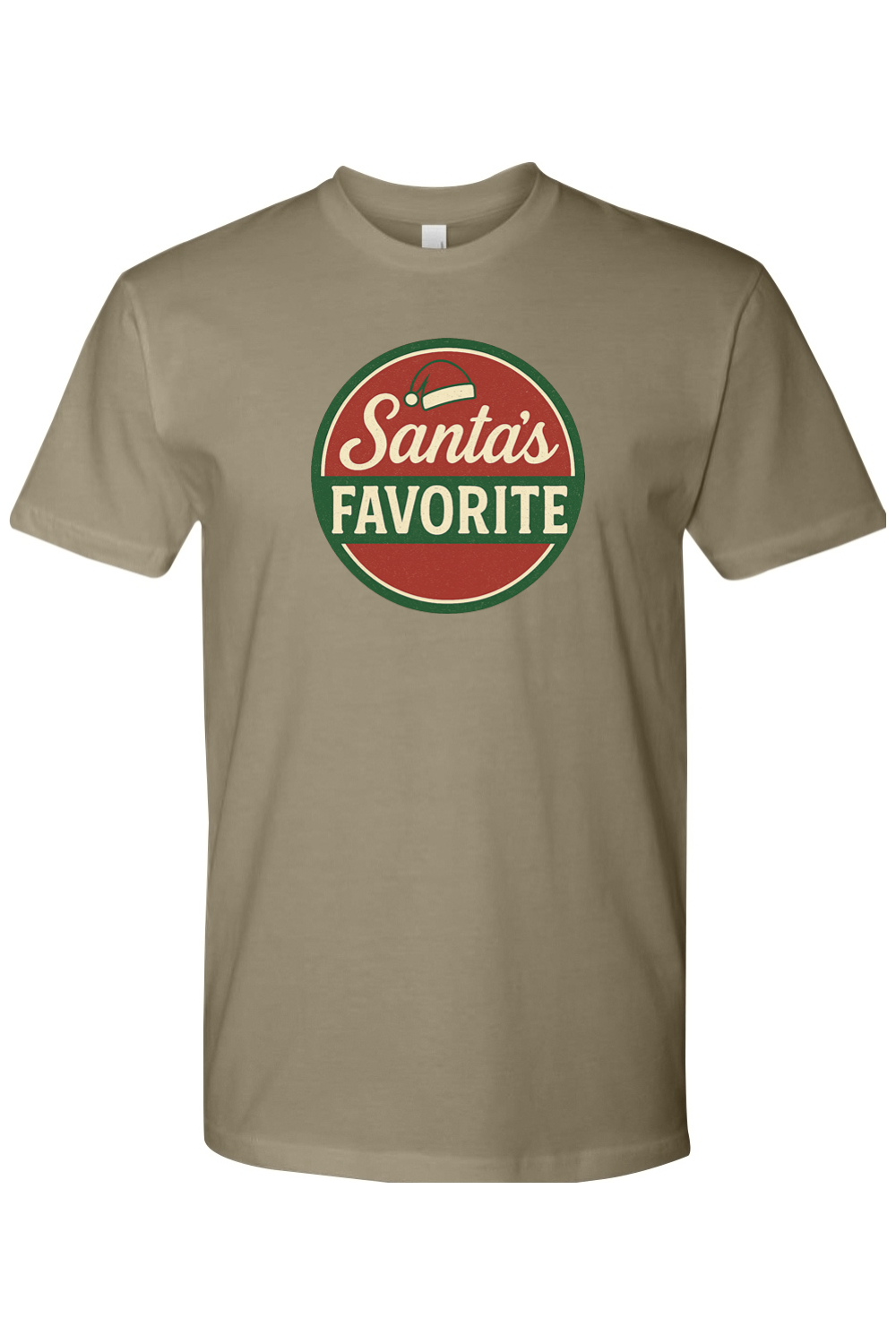 Light olive green Christmas t-shirt with "Santa's Favorite" text with a Santa hat in a badge layout design funny festive holiday short sleeve shirt
