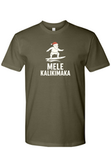 Olive green Christmas t-shirt with Santa surfing and 