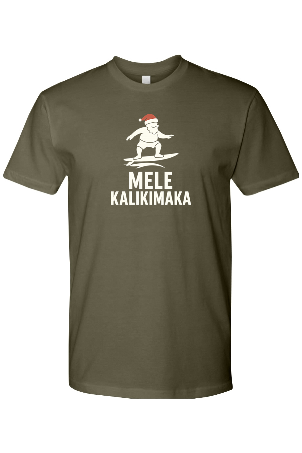 Olive green Christmas t-shirt with Santa surfing and "Mele Kalikimaka" text funny Hawaiian Christmas surf holiday short sleeve shirt