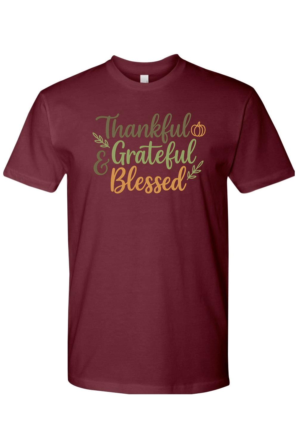 Maroon Thanksgiving t-shirt with "Thankful Grateful & Blessed" text with leaves and pumpkin design cute trendy fall holiday short sleeve shirt
