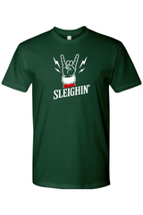 Forest Dark Green t-shirt with rock hand Santa Sleighin' funny Christmas holiday short sleeve T-Shirt