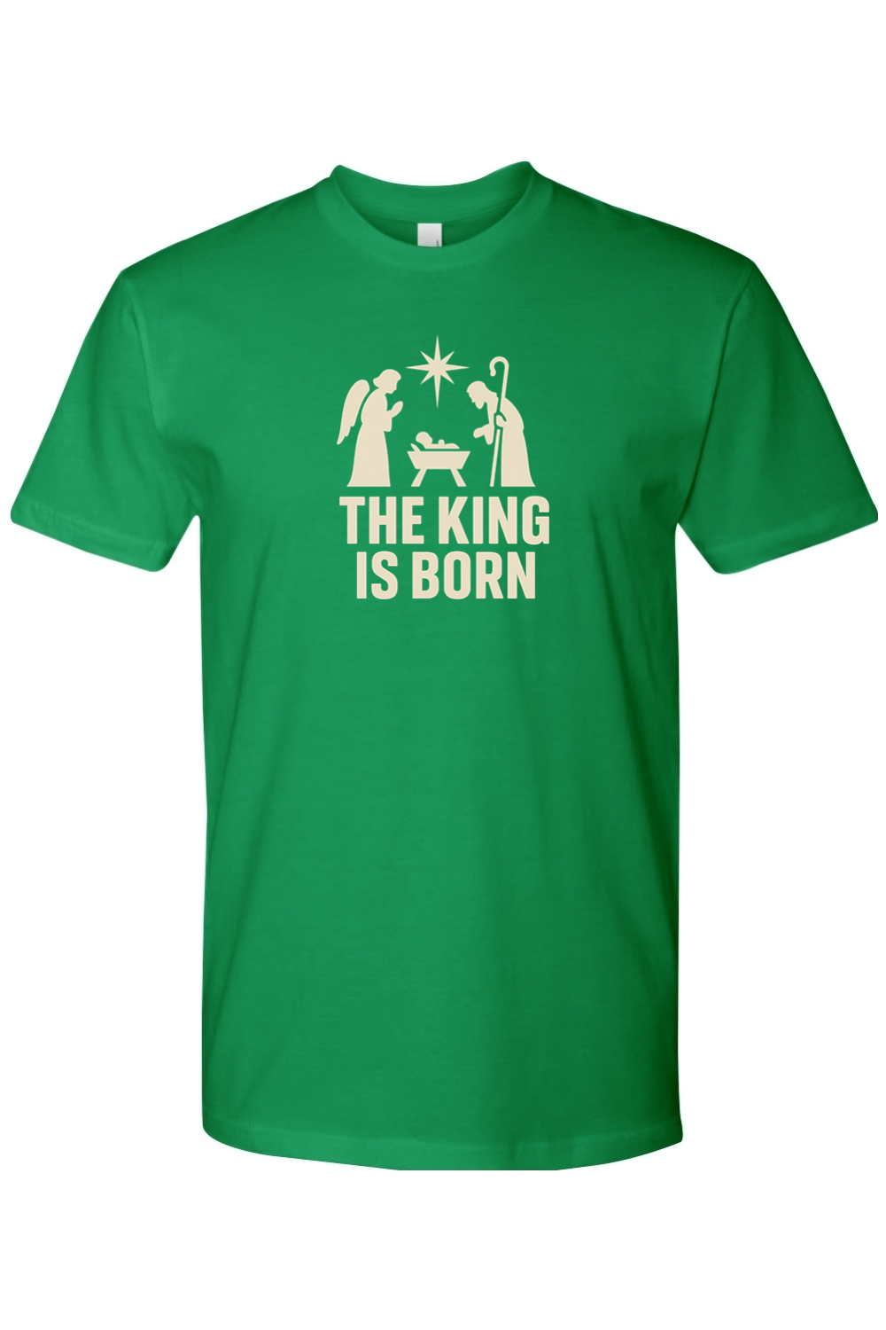 Green religious Christmas t-shirt with "The King is Born" text and an angel and shepherd with baby Jesus in a manager and star design God Christian holiday short sleeve shirt