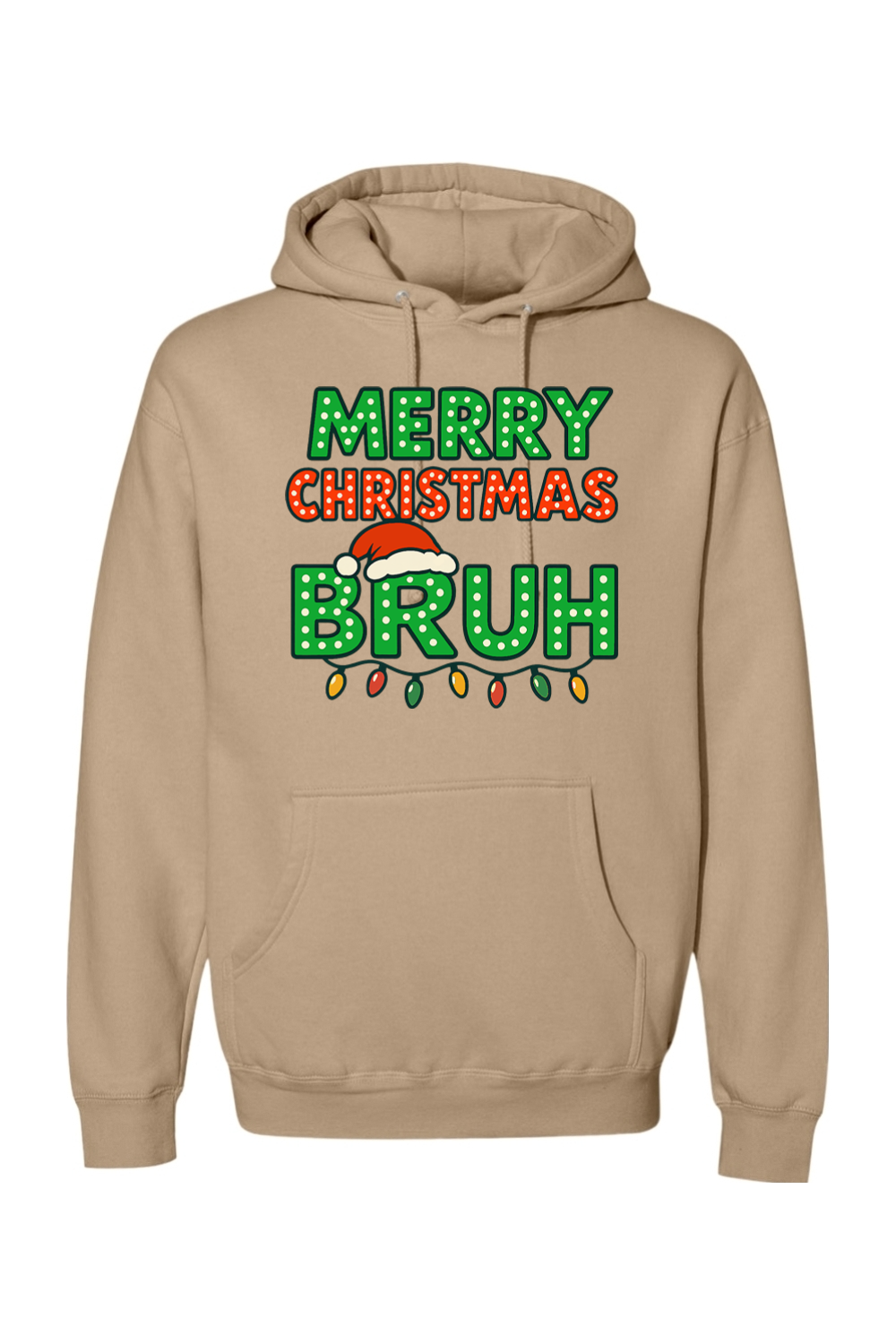 Dark beige Christmas hoodie with "Merry Christmas Bruh" text with a Santa hat and Christmas lights design funny holiday humor long sleeve hooded sweatshirt