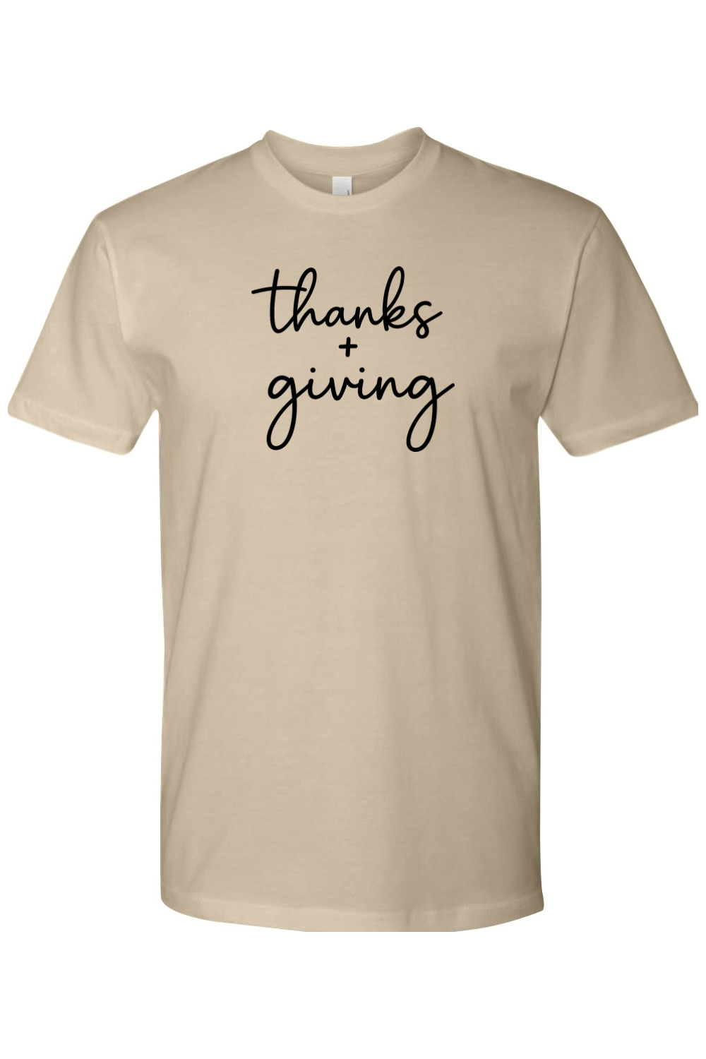 Dark beige Thanksgiving t-shirt with "thanks + giving" text in black cute trendy fall holiday short sleeve shirt