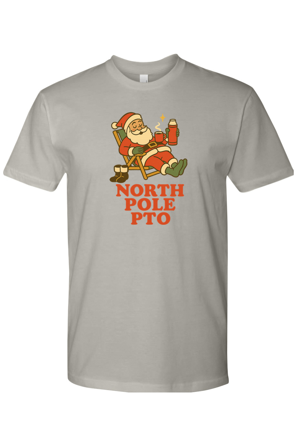 Gray vintage Christmas t-shirt with "North Pole PTO" text and Santa relaxing on a reclining chair with hot cocoa design funny holiday humor short sleeve shirt